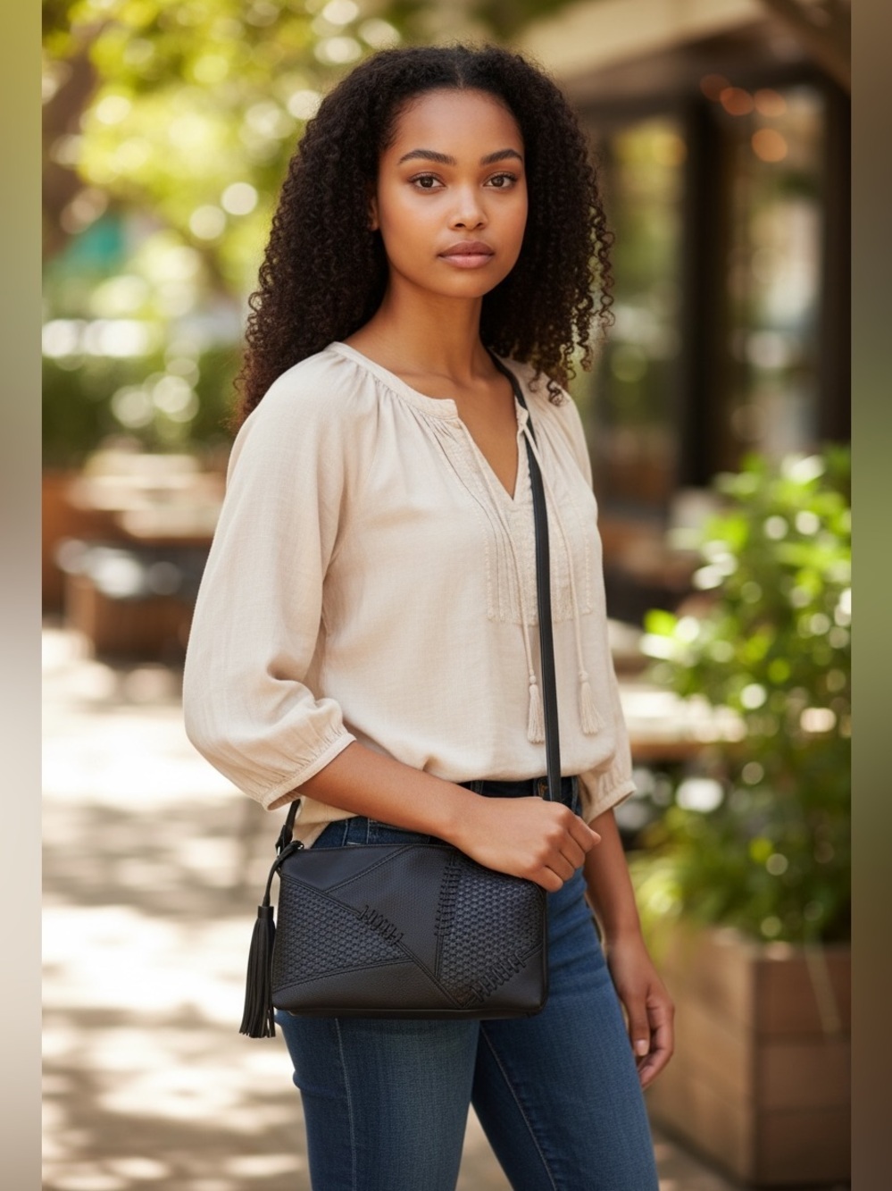 French Connection Black Crossbody Bag with Textured Leather